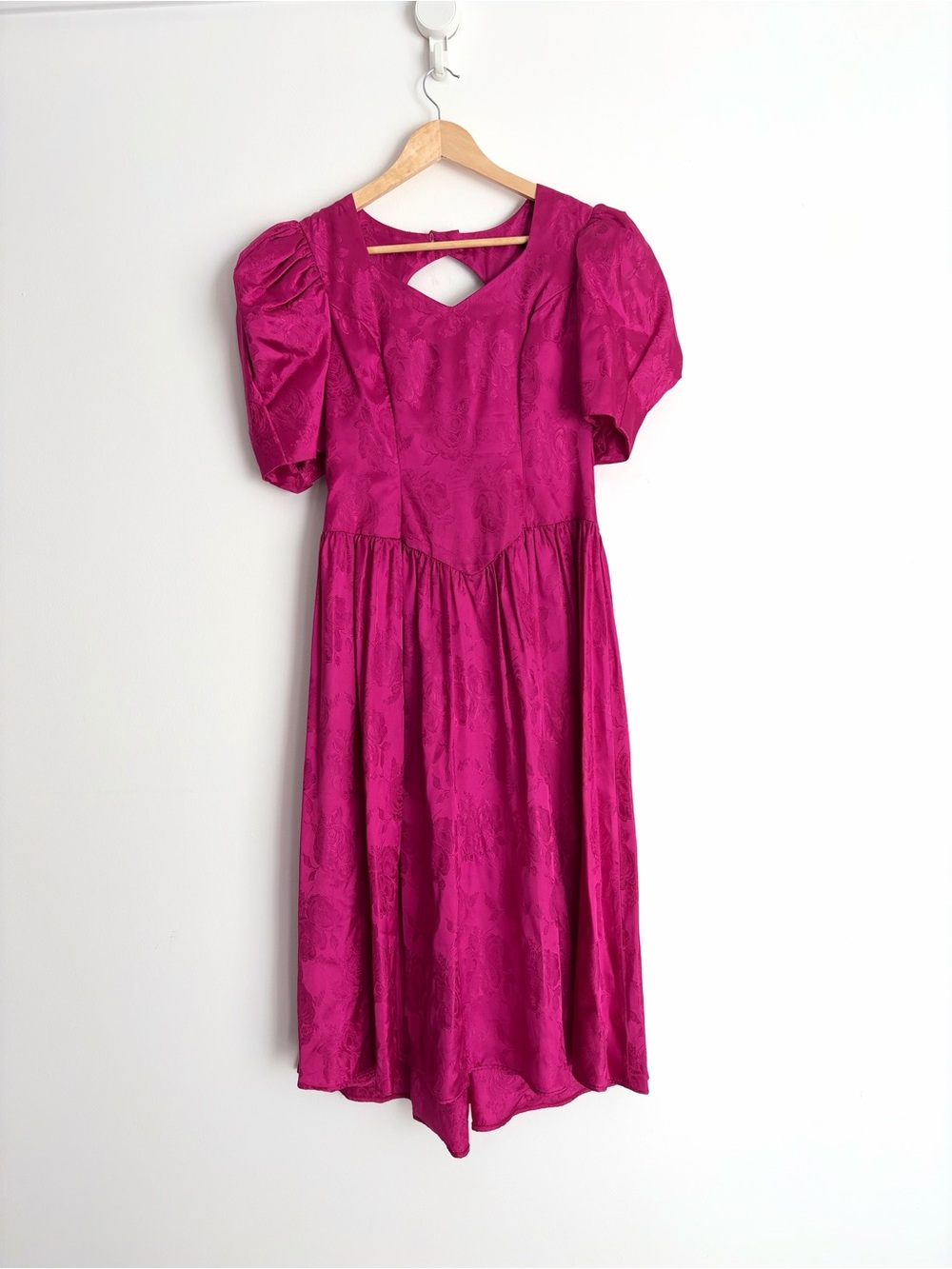 Vintage Fuchsia Rose Jacquard Basque Waist Puff Sleeve Dollcore Dress XS-S - Picture 3 of 12